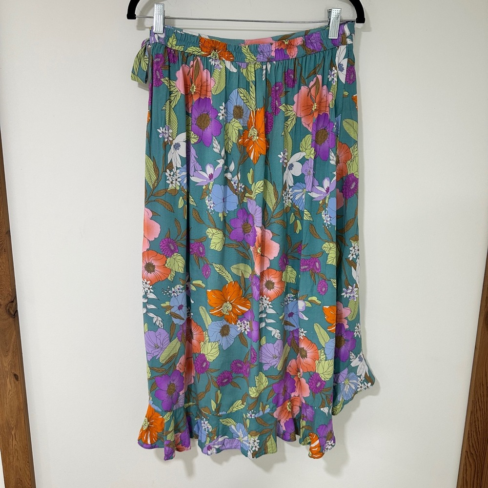 Rachel Rachel Roy Floral Wrap Skirt High Low Ruffle Midi M Blue Tropical Boho - Picture 2 of 6
